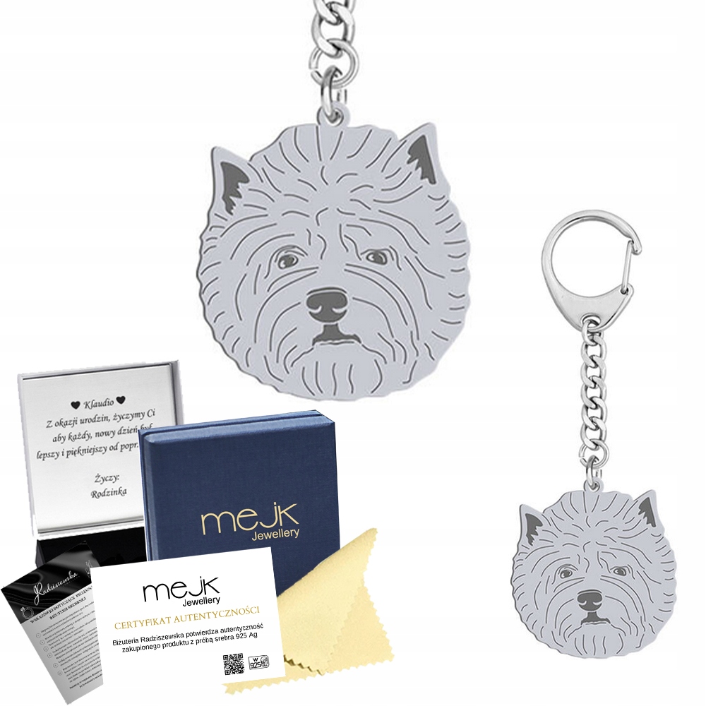 Přívěsek Na Klíče z West Highland White Terrier Stříbro 925 Gravírování