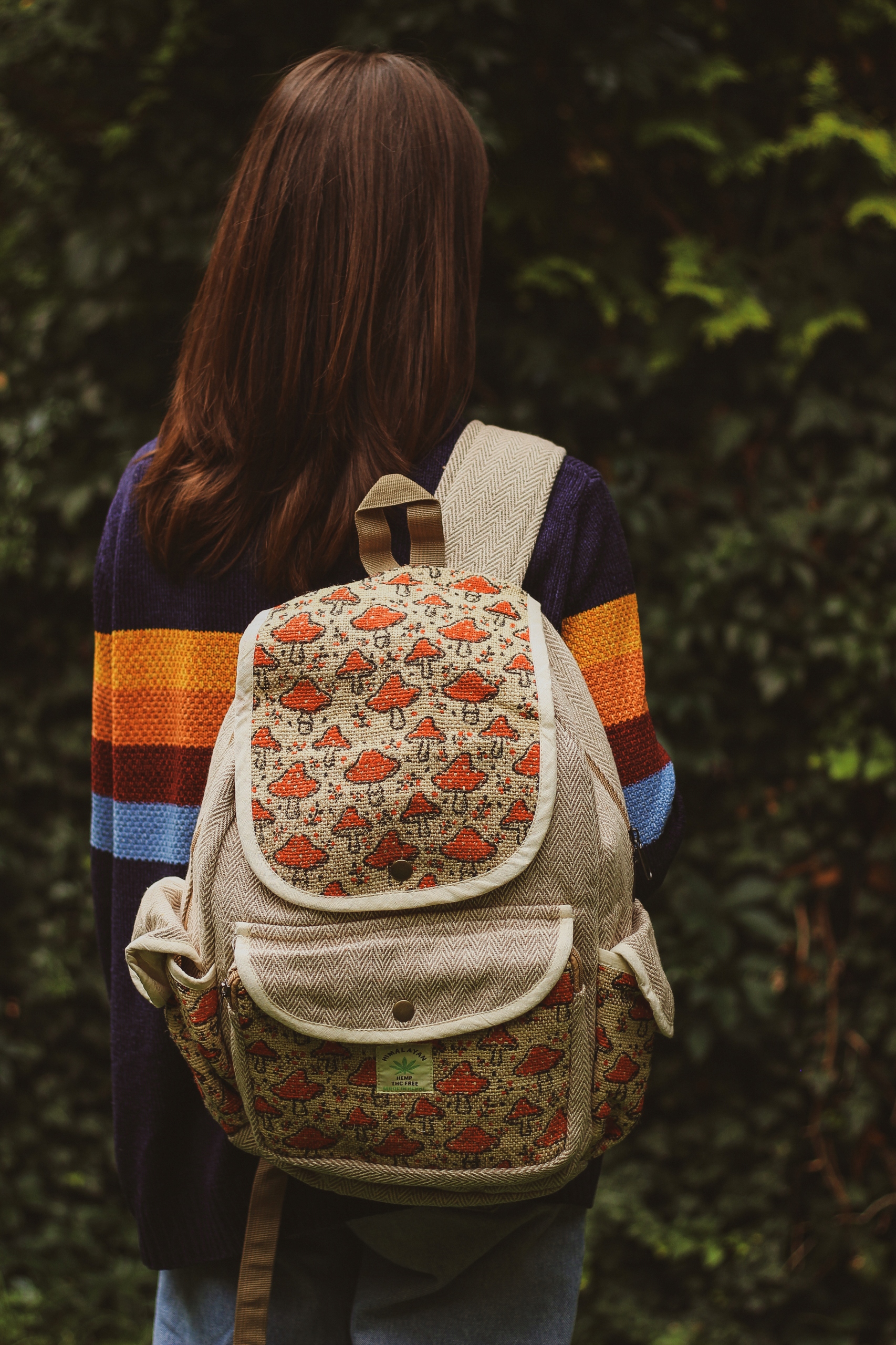 Velký batoh s muchomůrkami prostorný bavlněný konopný hippie batoh