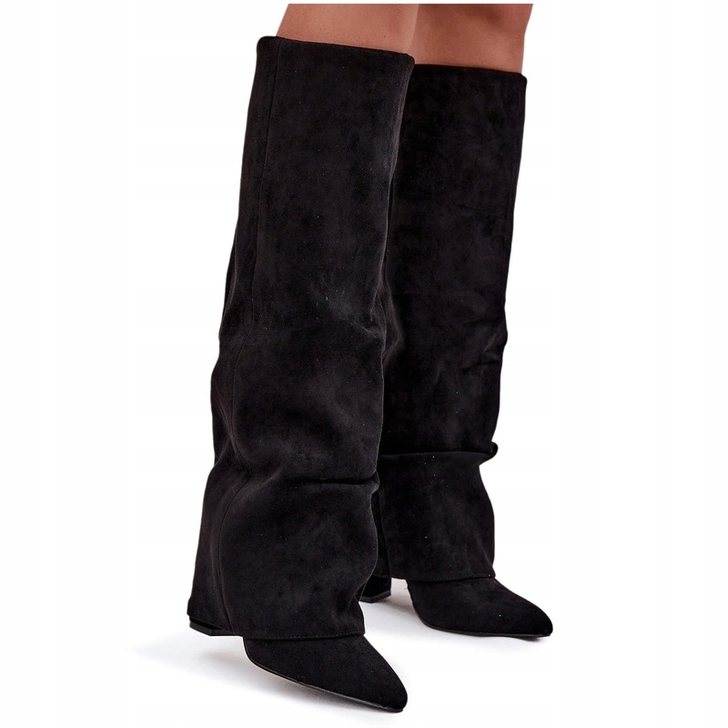 Zateplené Kozačky Vyhrnutý Svršek Sloupek Eko Semiš Nazouvací Černé 41