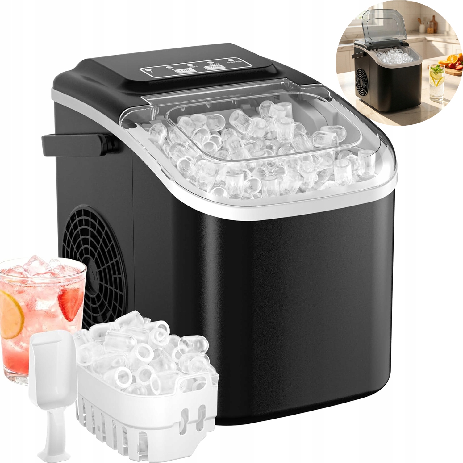 Přenosný Výrobník Ledu, 12KG/24H, Výrobník Kuličkového Ledu, S Naběračkou, Košíkem, 1,2L