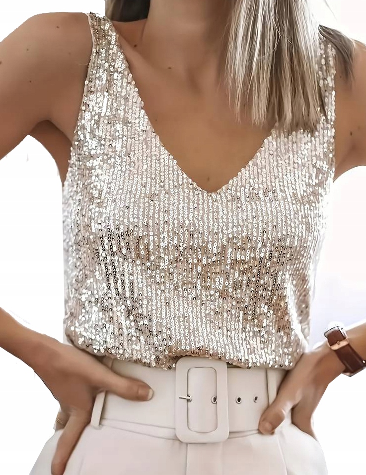 Bluzka Damska Srebrna Cekinowa Top Bokserka Z Cekinami L 40