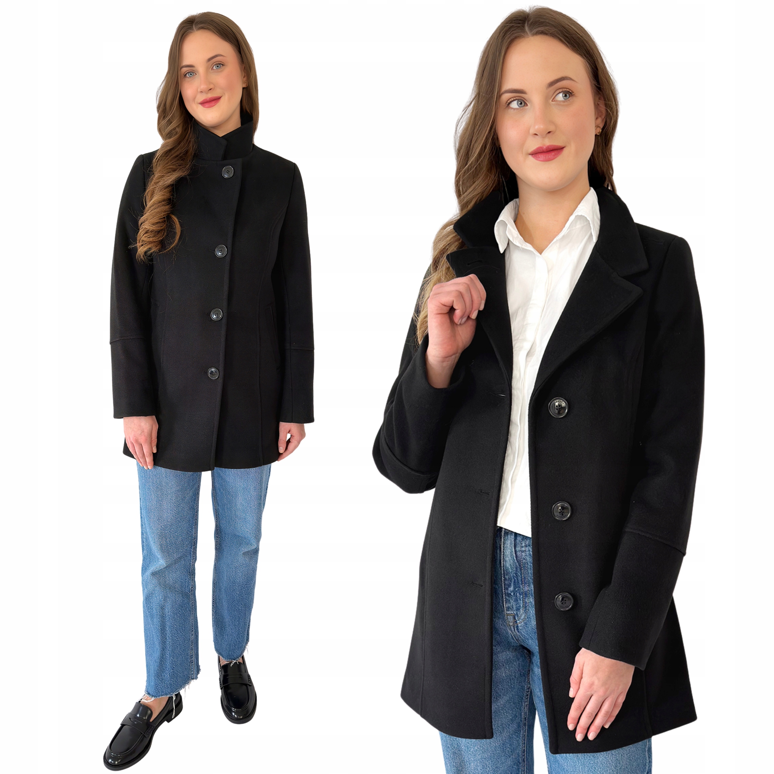 Dámský jednořadý jarní kabát se stojáčkem a vlnou Nina, černý, Estodo