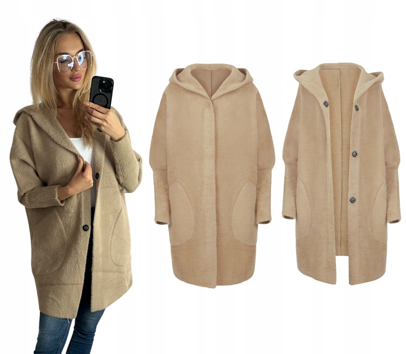 Svetr Alpaka Teplý Milý Oversize Vlna Kapuce Světlý Camel