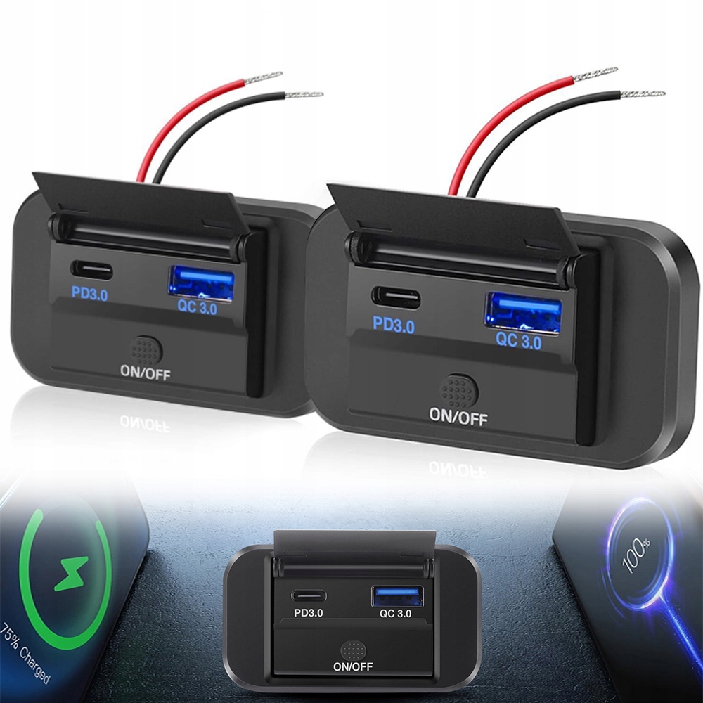 2SZT Ładowarka 12/24V Pd/qc 3.0 Usb do zabudowy Podwójne gniazdo ładowarki