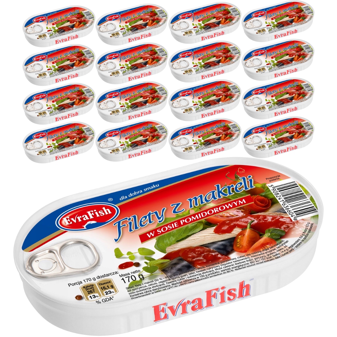 Levně EvraFish Filety z makrely v rajčatové omáčce 170 g x 16 kusů