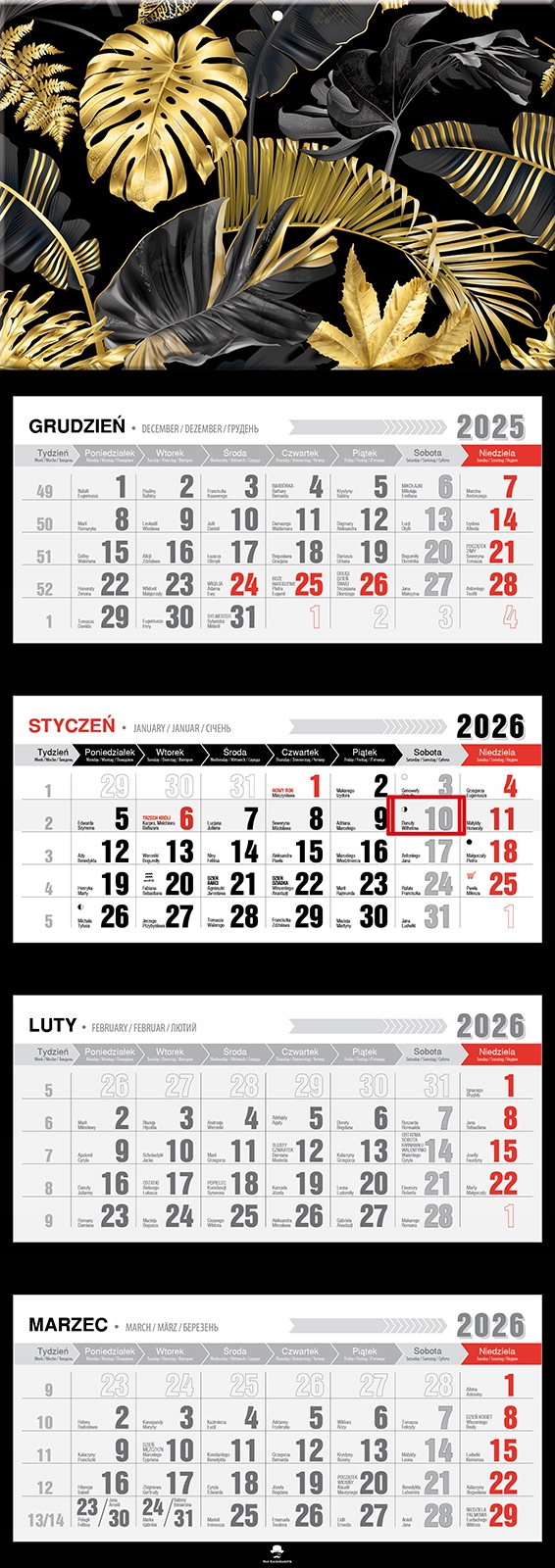 Kalendarz 2026 trójdzielny Czterodzielny 31,5x89cm Glamour Gold