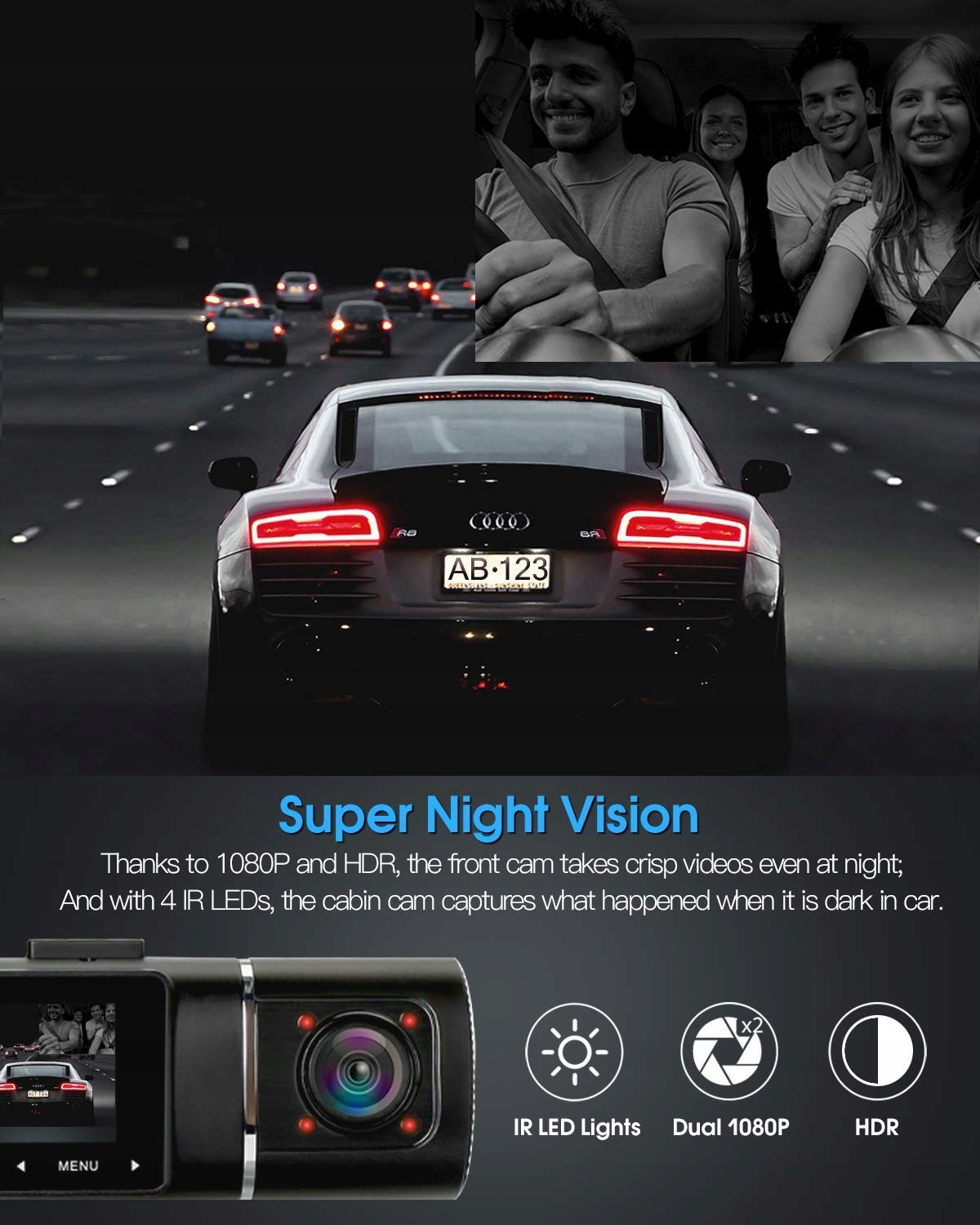 ABASK Kamera Samochodowa 1080P 310° Z Kartą 32GB i Trybem Nocnym — miniatura 4