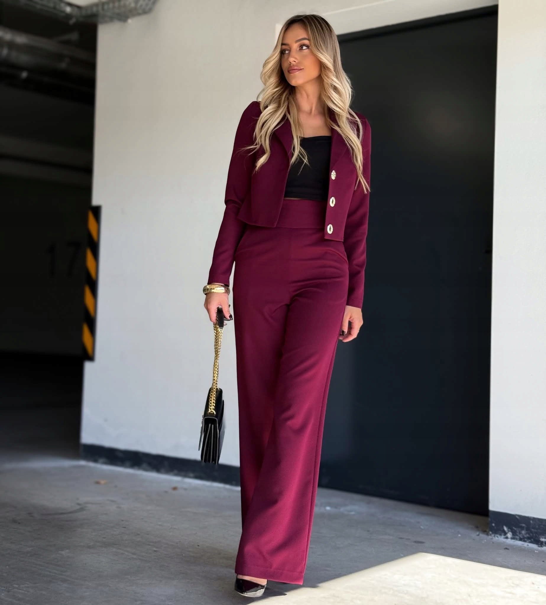 Dámský komplet Sako kalhoty Vysoký pas Obleček na přijímání Bordo M