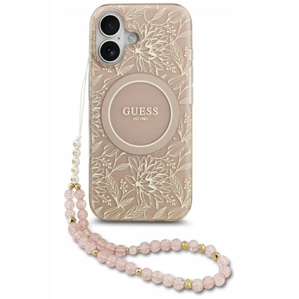 Pouzdro Guess IML Flowers Electro Pearl Strap MagSafe pro iPhone 17, růžové