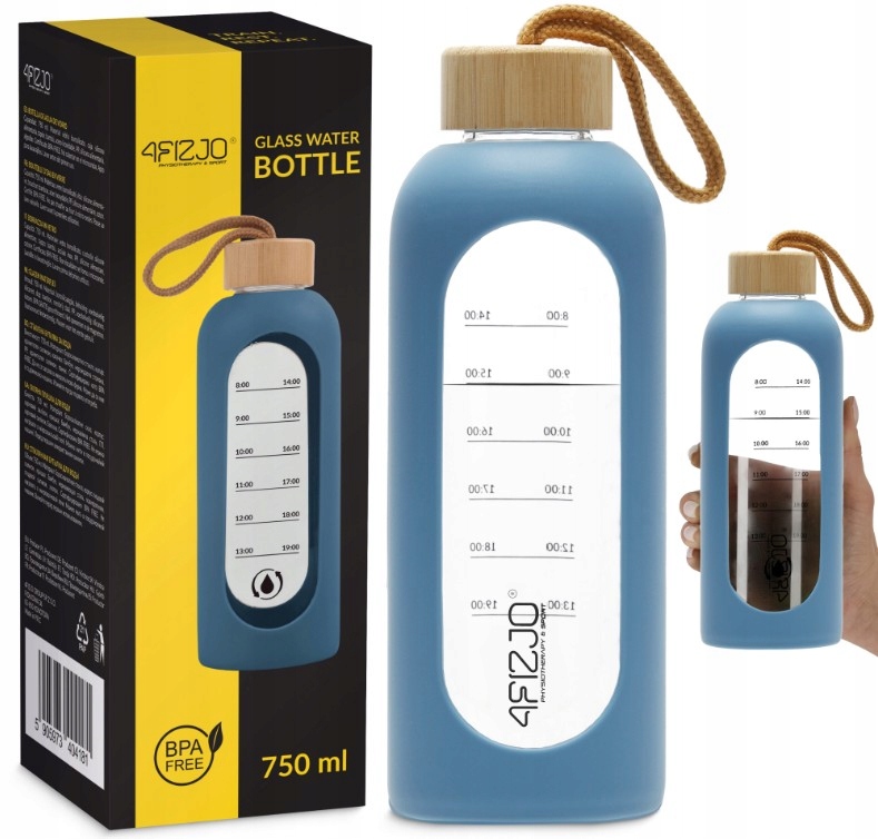 4FIZJO Butelka szklana na wodę z miarką, sylikonowa osłonka 750ml Niebieska