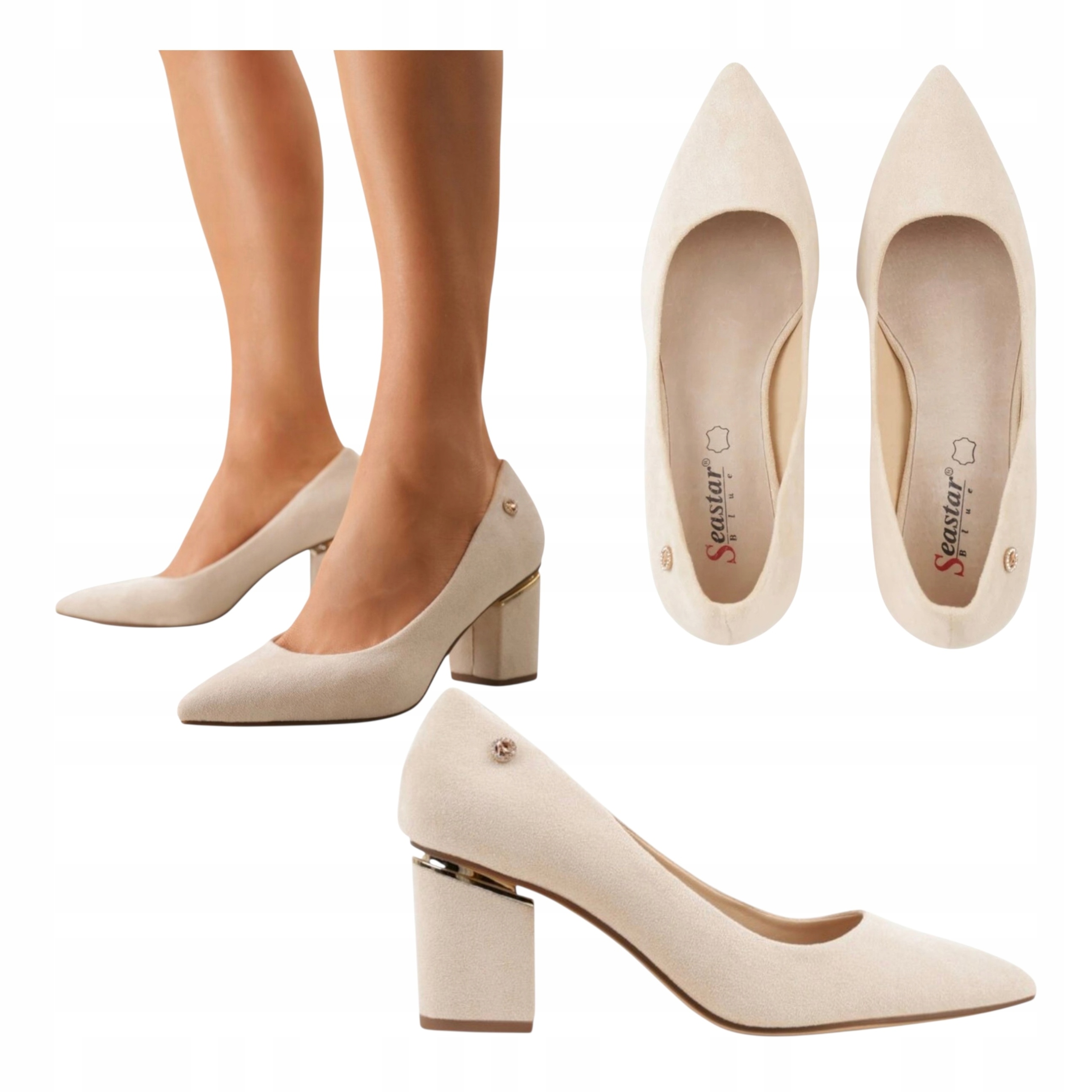 Damskie Czółenka Skóra Zamszowa Niski Obcas Słupek Modne Beżowe 39