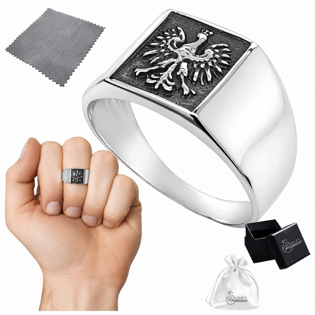 Pánský stříbrný signet ryzost 925 Leštěný vlastenecký s bílým orlem vel. 27