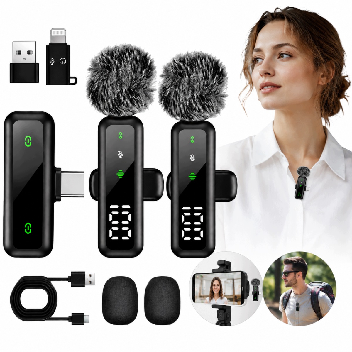 2X Mikrofon Bezprzewodowy Krawatowy Do Iphone Telefonu Android Na Klips 2W1