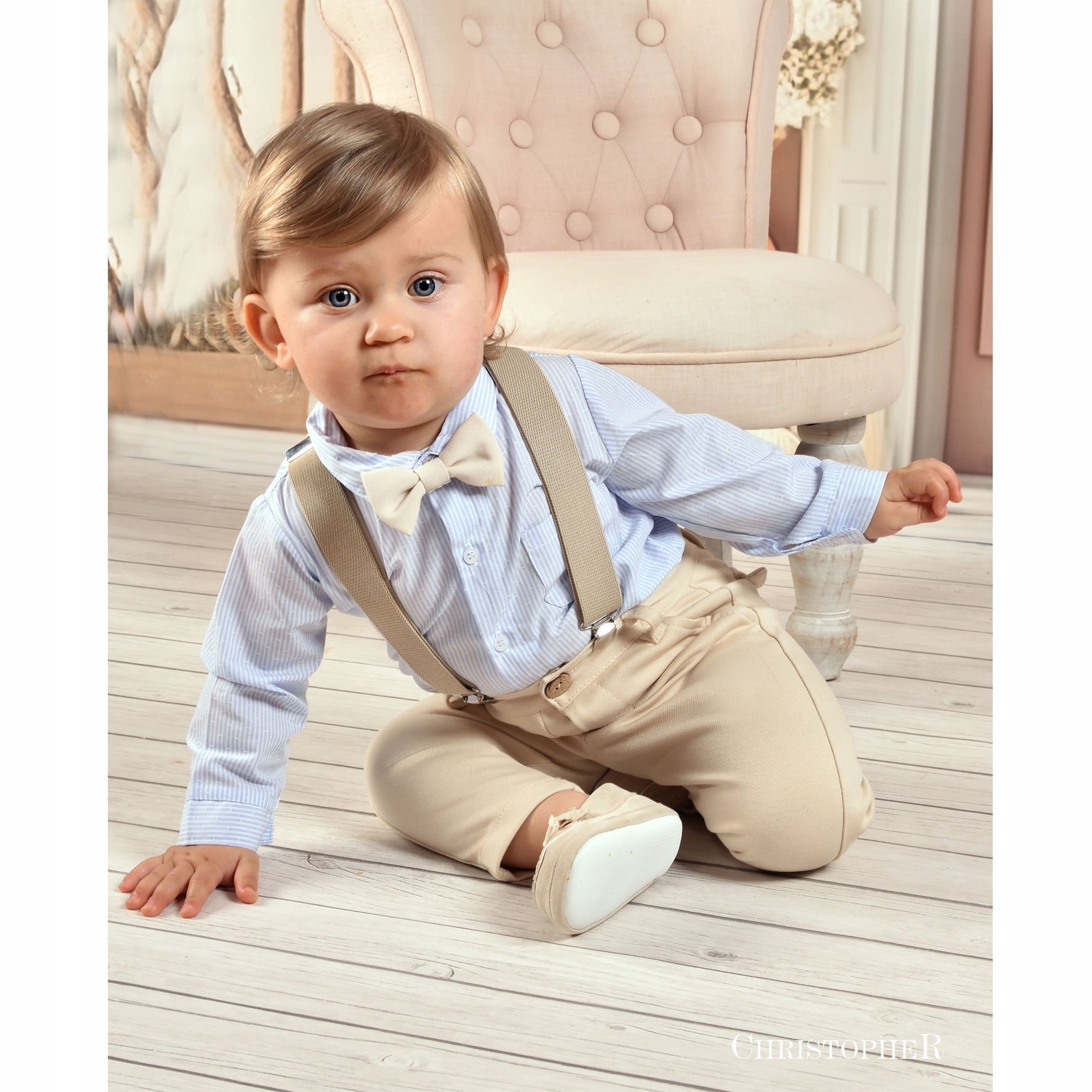 Komplet Chłopięcy beżowy z błękitem do Chrztu Christopher rozmiar 74