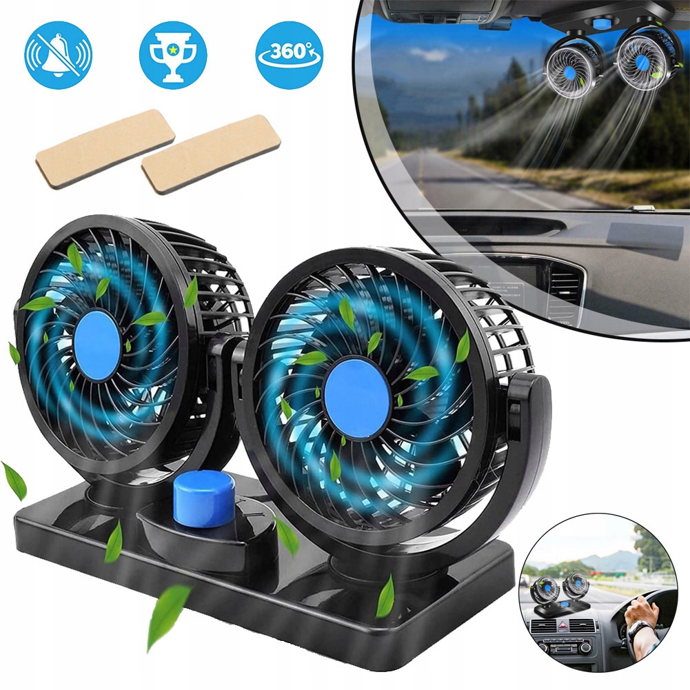 WENTYLATOR SAMOCHODOWY 12V PODWÓJNA GŁOWICA OBROTOWA, CHŁODZĄCY WENTYLATOR