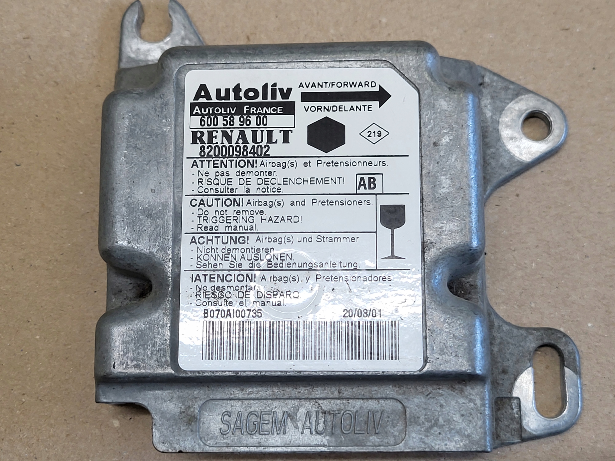 modulo SENSOR Centralina dell’airbag RENAULT KANGOO e 8200098402 600589600 OE EU
