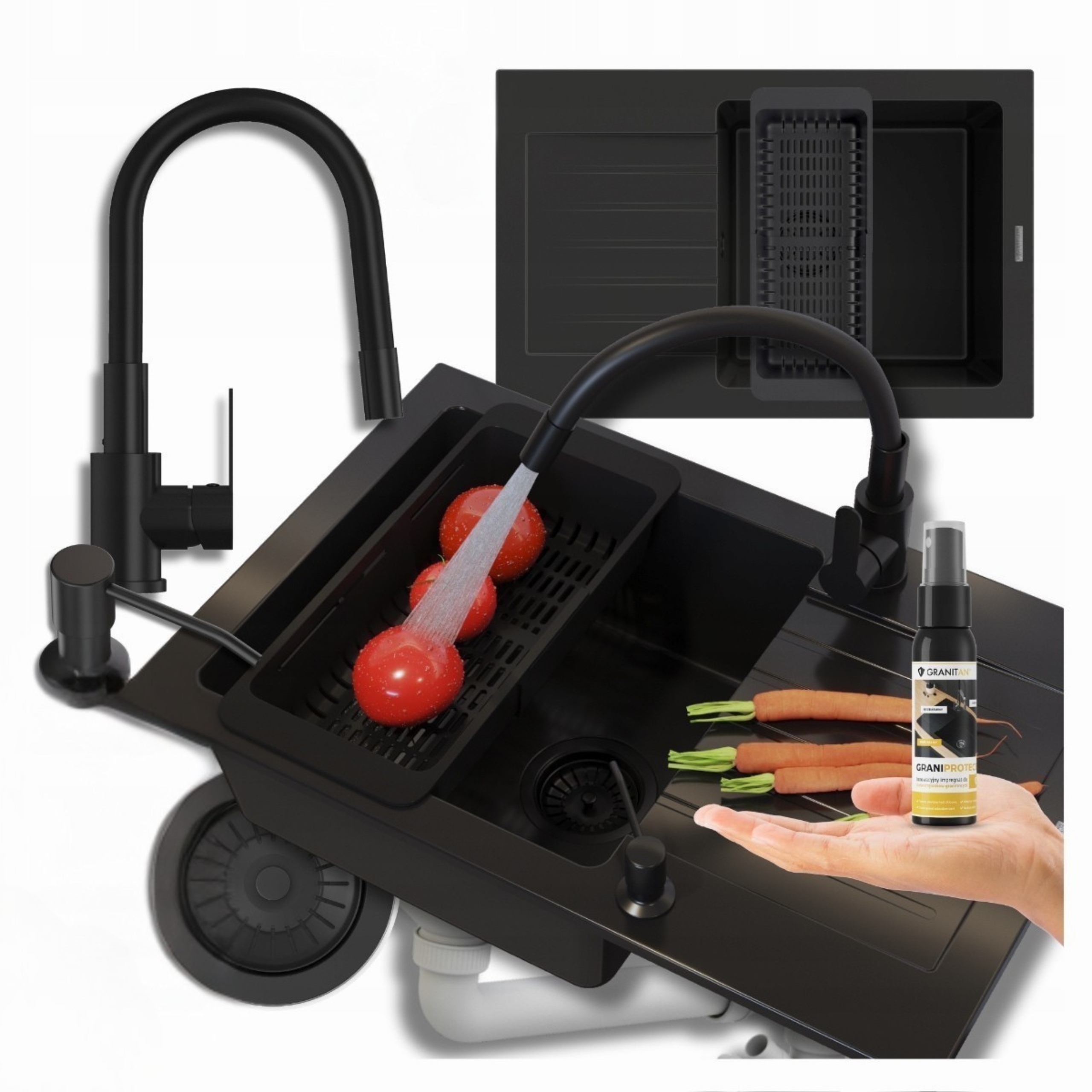 Umývačka Mino granitová čierna Sada Drezová batéria dávkovač 6v1