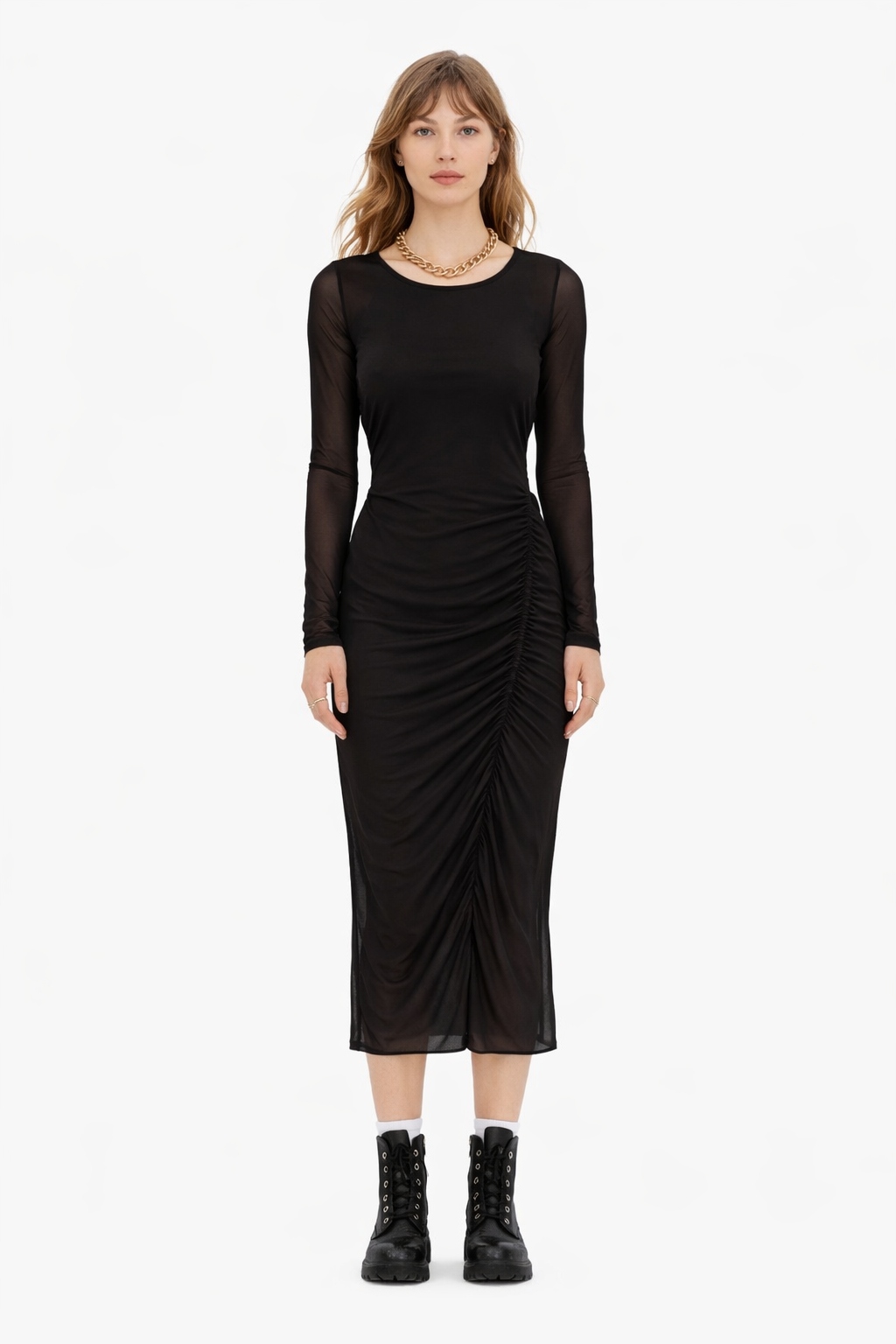 Patrizia Pepe Černé Šaty MIDI S Volánky A Síťovinou 36 I3C