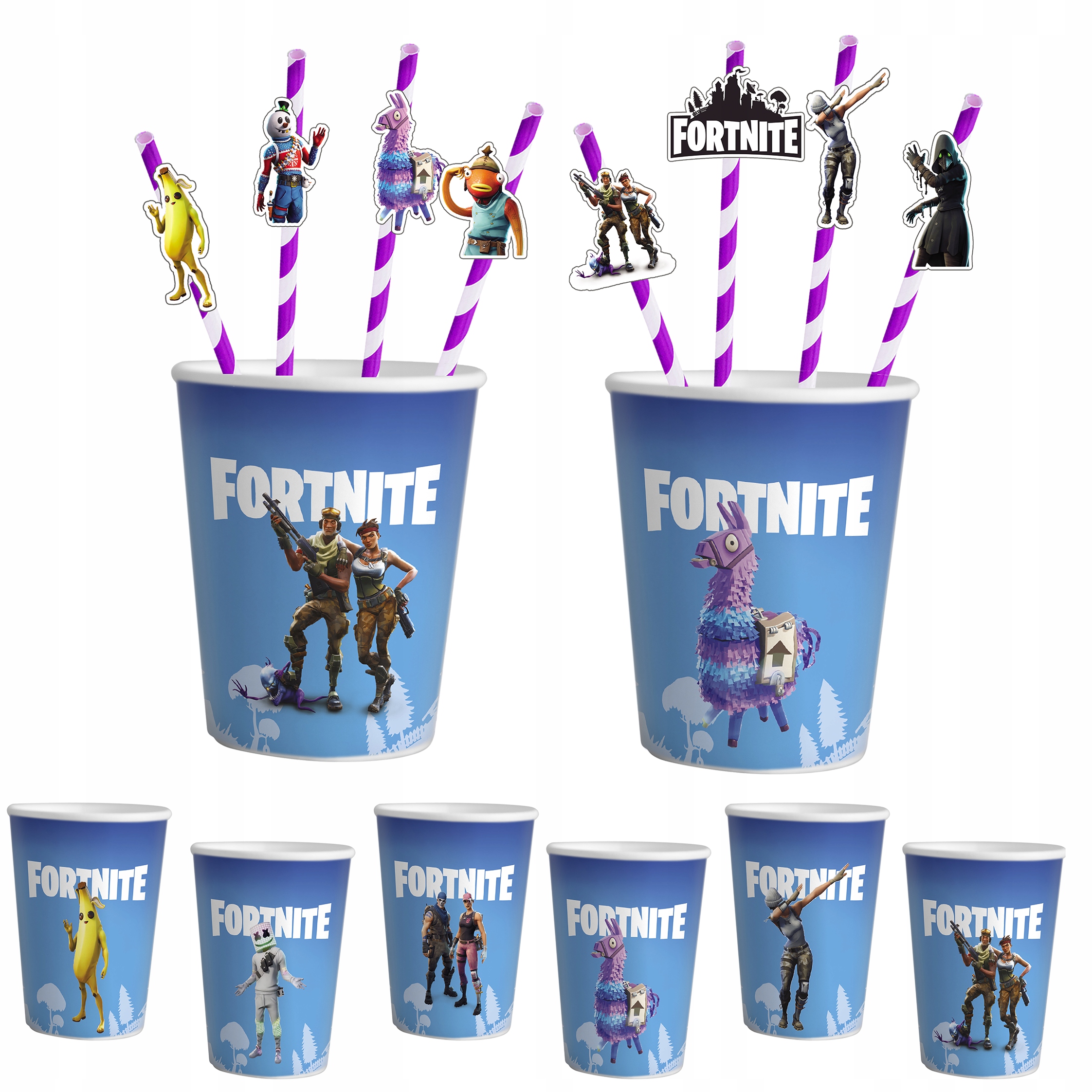 ZESTAW KUBKI + SŁOMKI URODZINOWE - FORTNITE GRY BAJKA PRZYJĘCIE