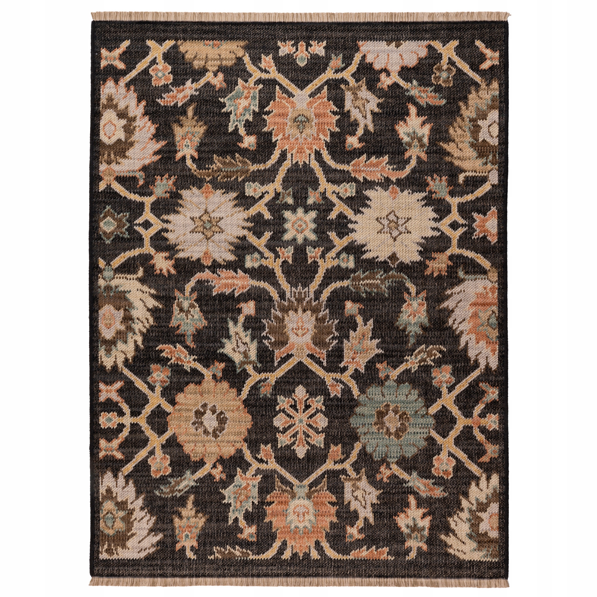 Koberec Do Obývačky Vlnený prírodný 120x168 strapce čierny Retro klasik Boho