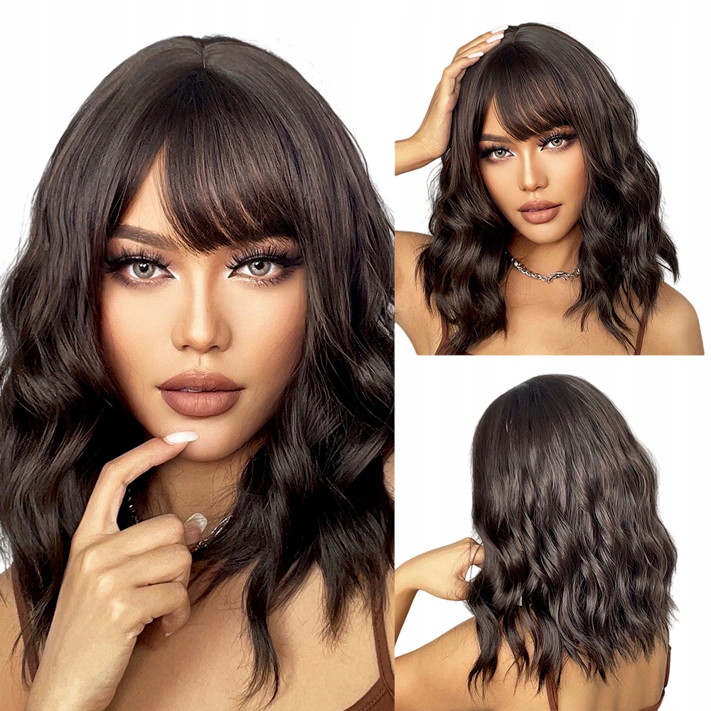 Peruka damska ciemny brąz fale z grzywką włosy jak naturalne czepek