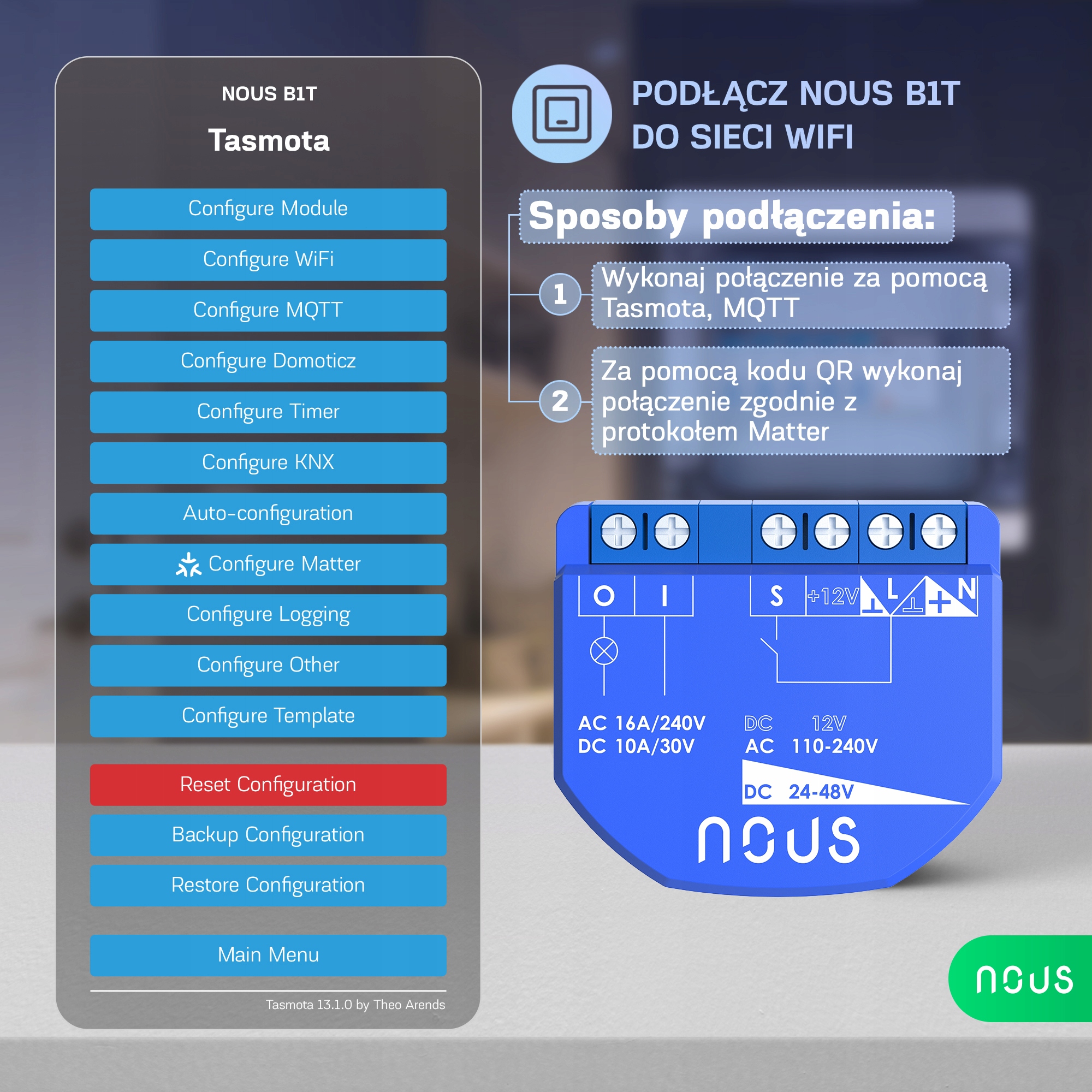NOUS B1T TASMOTA ESP32 MATTER INTELIGENTNY PRZEŁĄCZNIK DOPUSZKOWY 1-kan. Marka Nous