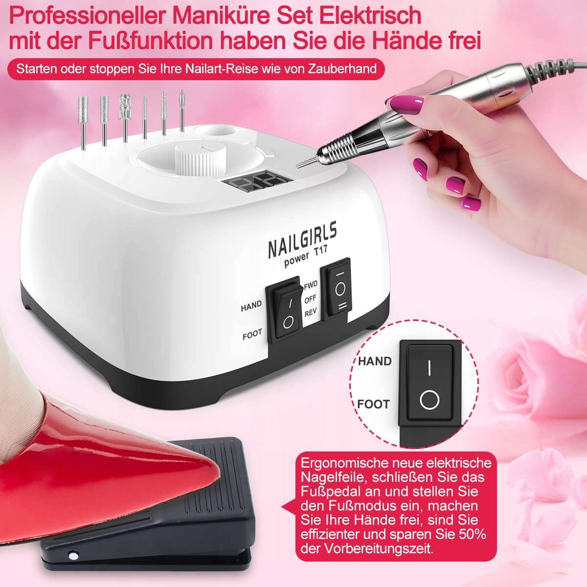 NAILGIRLS Elektryczny Pilnik Do Paznokci Zestaw 11w1 Do Manicure Pedicure — miniatura 6