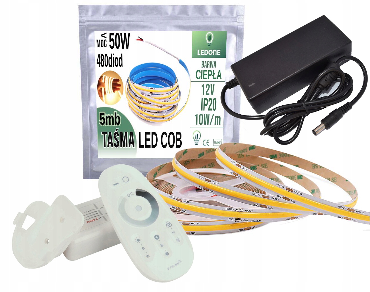 Set Led linka Cob Ww 12V 50W 5mb Dálkový Ovladač Rf dotyk