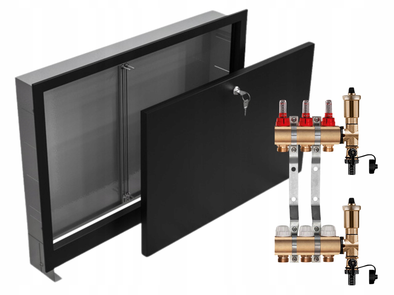 Mosazný Rozdělovač 3 Sekce Podomítková Skříňka Černá