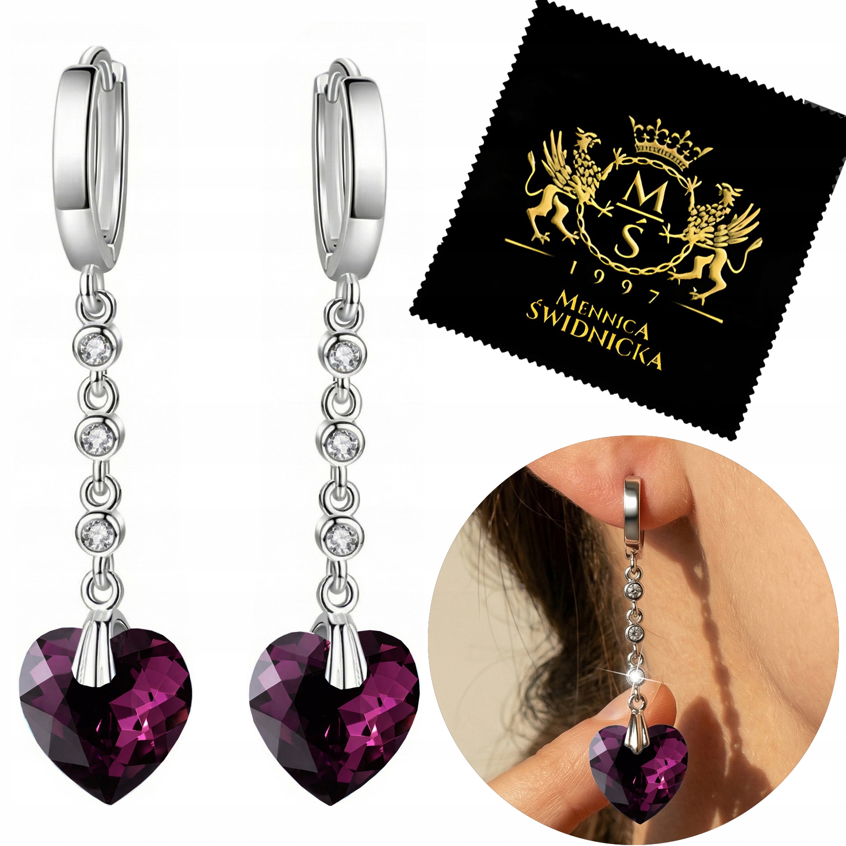 Dlouhé Náušnice Stříbro 925 Srdce Závěsné Zirkony Srdce Gravírování Anglické