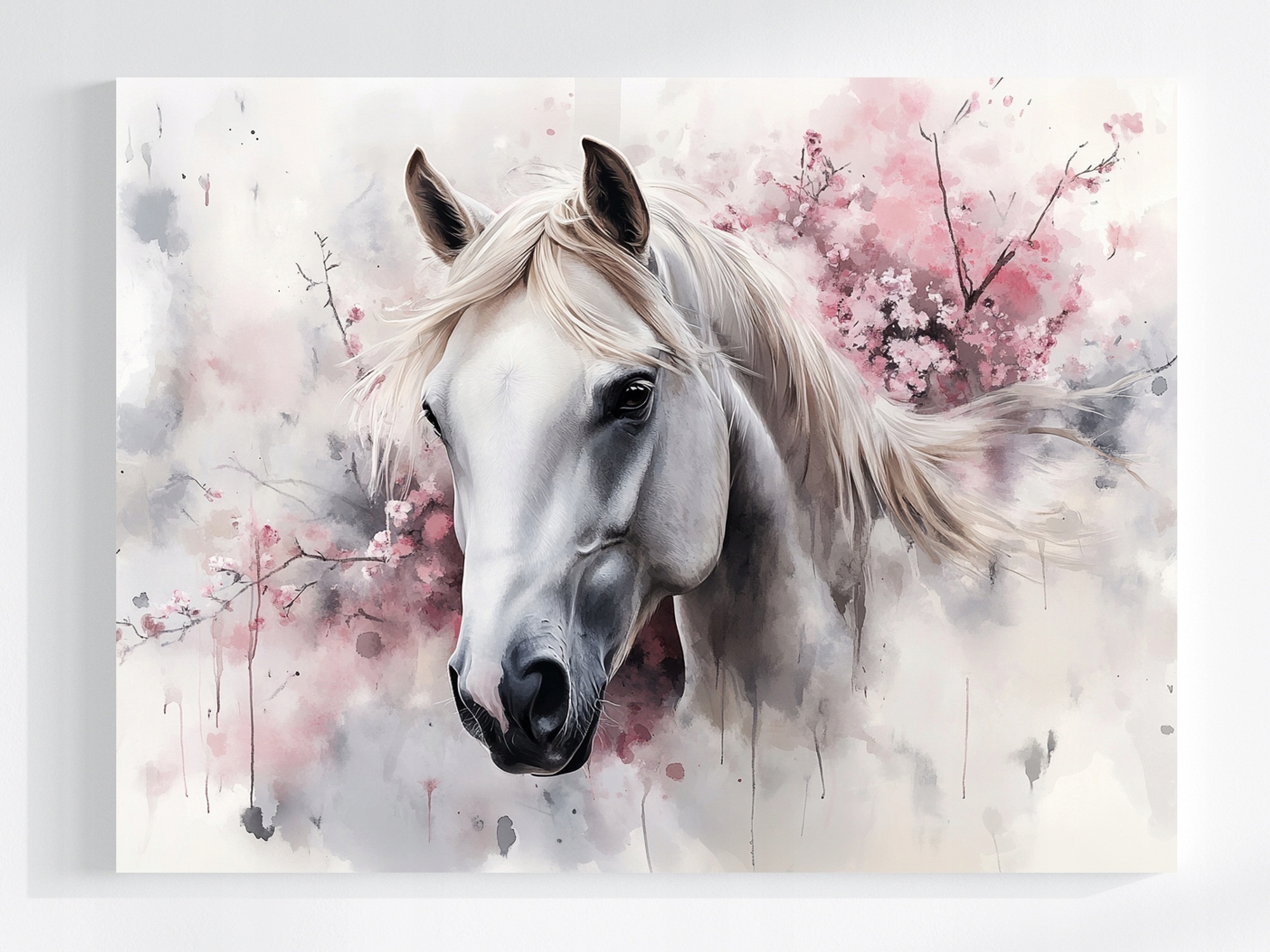 Obraz Na Plátně Canvas Bílý Kůň Růžové Květy Hříva Portrét 100x75