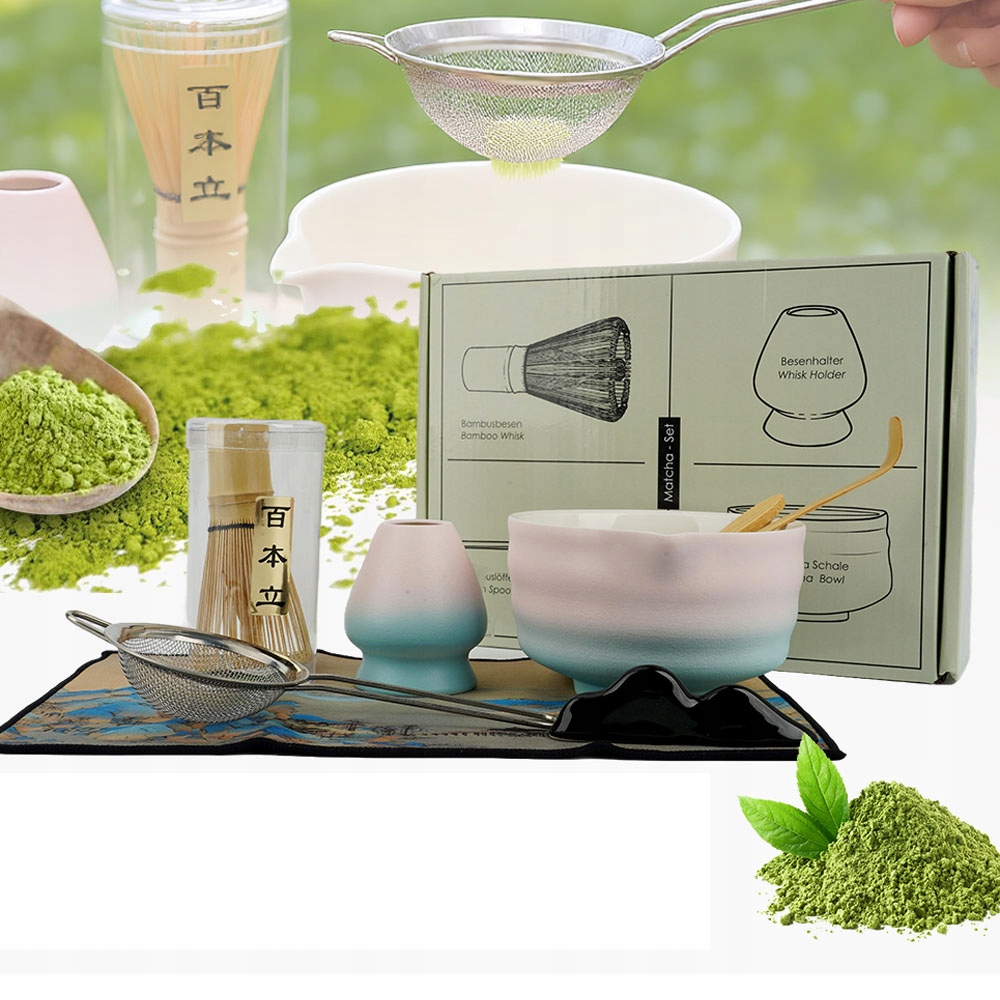 Levně Sada Na Matchu Keramika 8 Kusů Gradientní Barvy Šlehací Metla Lžíce