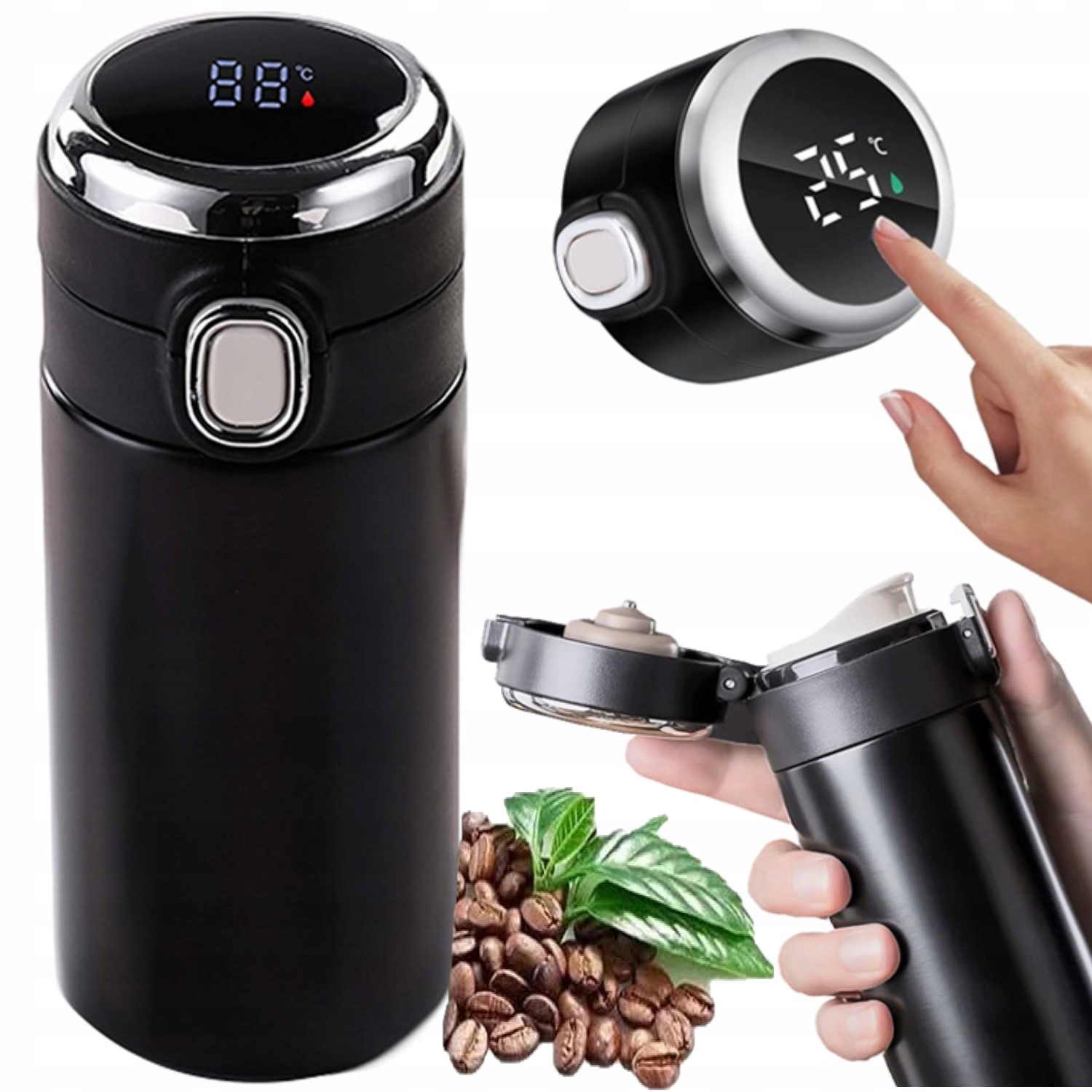 KUBEK TERMICZNY TERMOS WYŚWIETLACZ TEMPERATURY LCD USTNIK 420ML