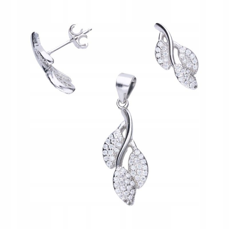 Dámský komplet listů stříbro 925, přívěsek a náušnice s bílými zirkony