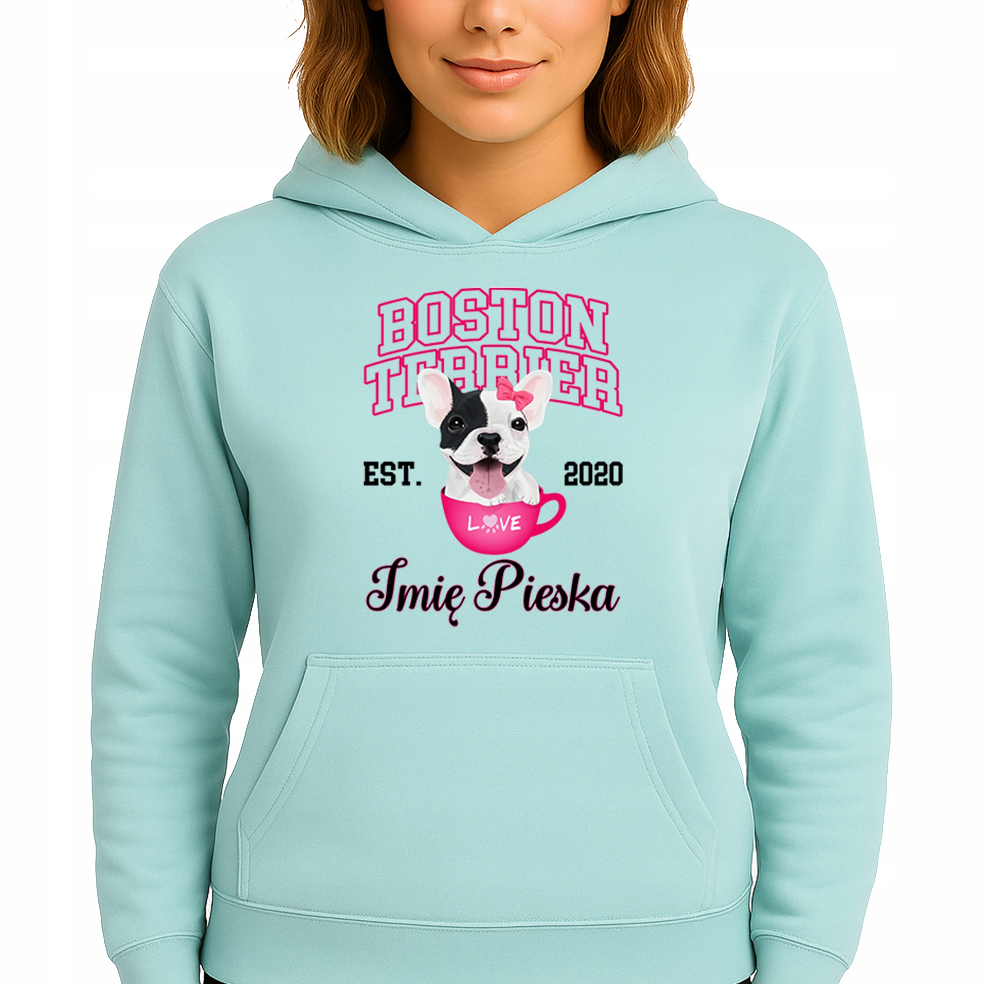 Mikina S Kapucí Mátová bavlněná mikina Boston Terrier Jméno psa M