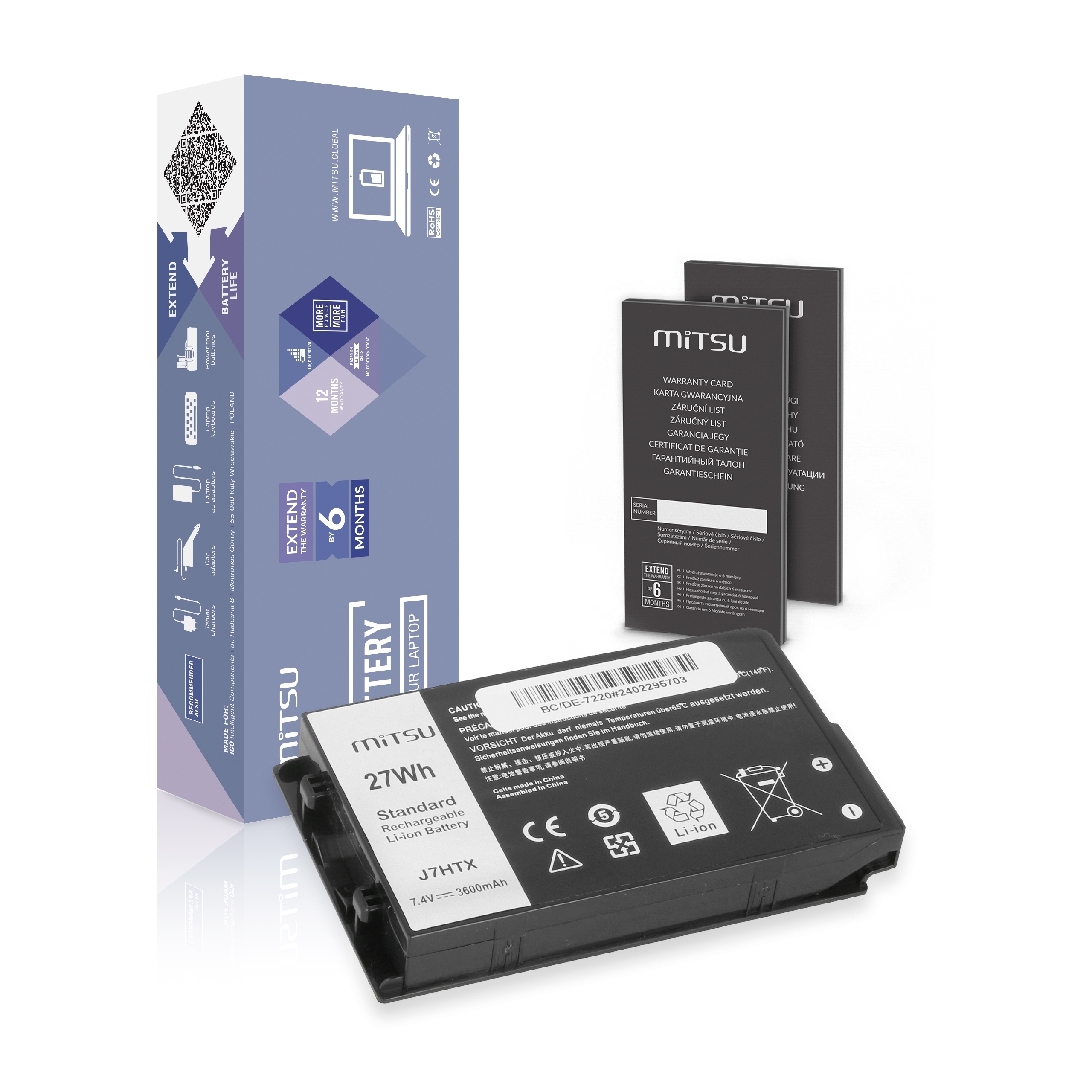 Mitsu Bateria J7HTX Dell Latitude 12 Rugged 7202 7212 7220 Tablet 3600 mAh (27 Wh) 7.4V (7.6V)