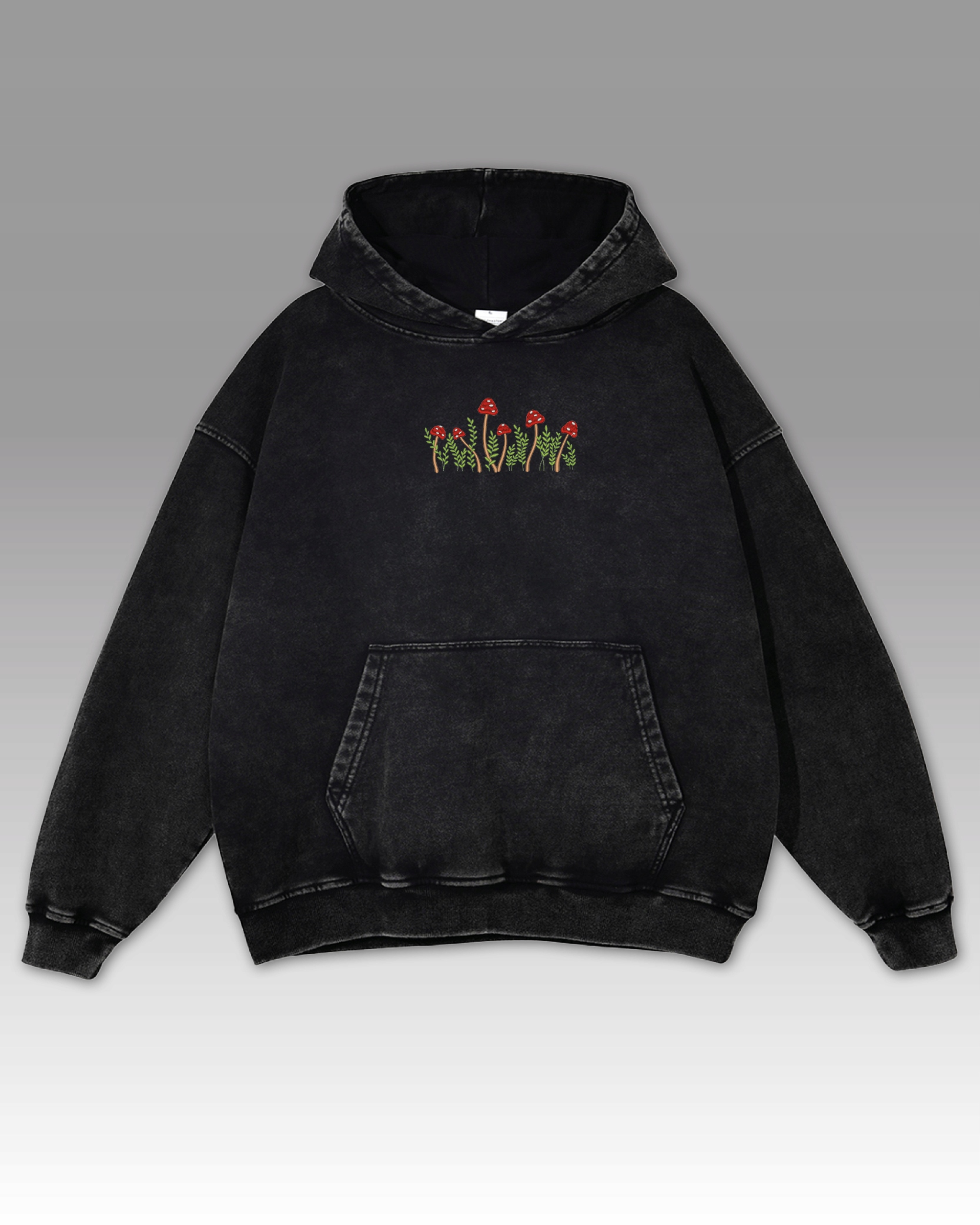 Mikina Vyšívané houby Oversize Spraná Houby Příroda Motiv Černá L