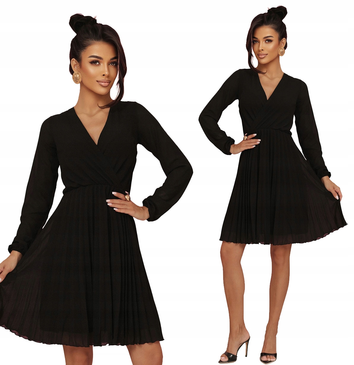 Elegantní Plisované Šaty S Dlouhým Rukávem, Hluboký Výstřih, Černá Barva
