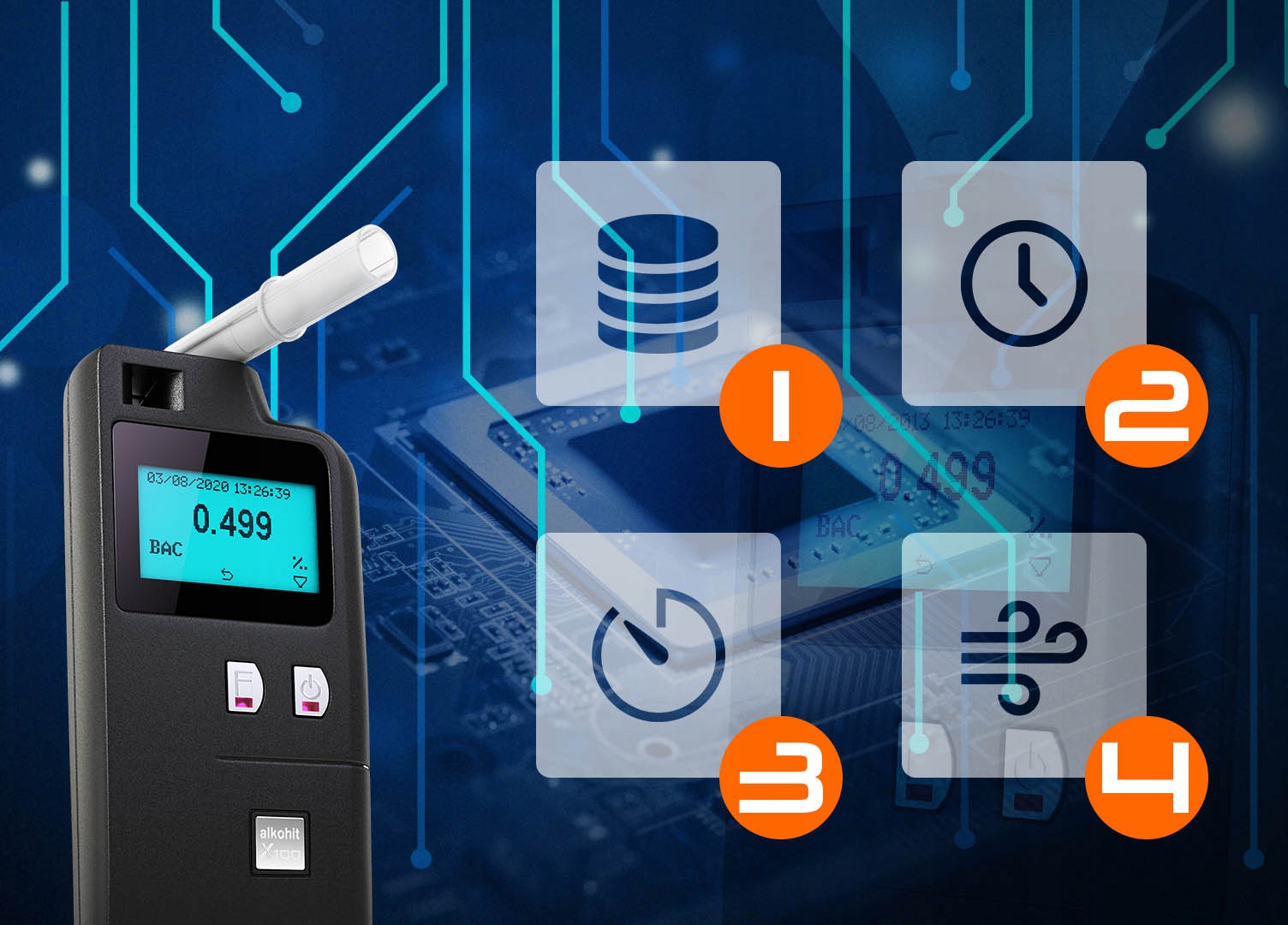 Alkomat ALKOHIT X100 Policyjny Dowodowy Sensor EU Additional Features air flow sensor readings meter readings memory