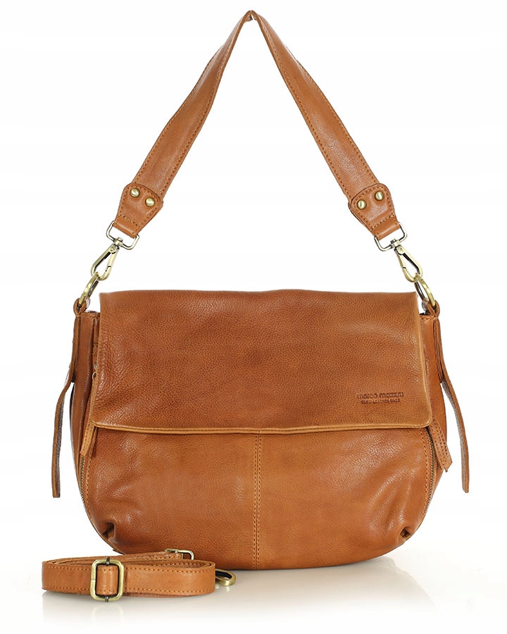 Torebka skórzana na ramię damska 2 paski brązowa camel Marco Mazzini