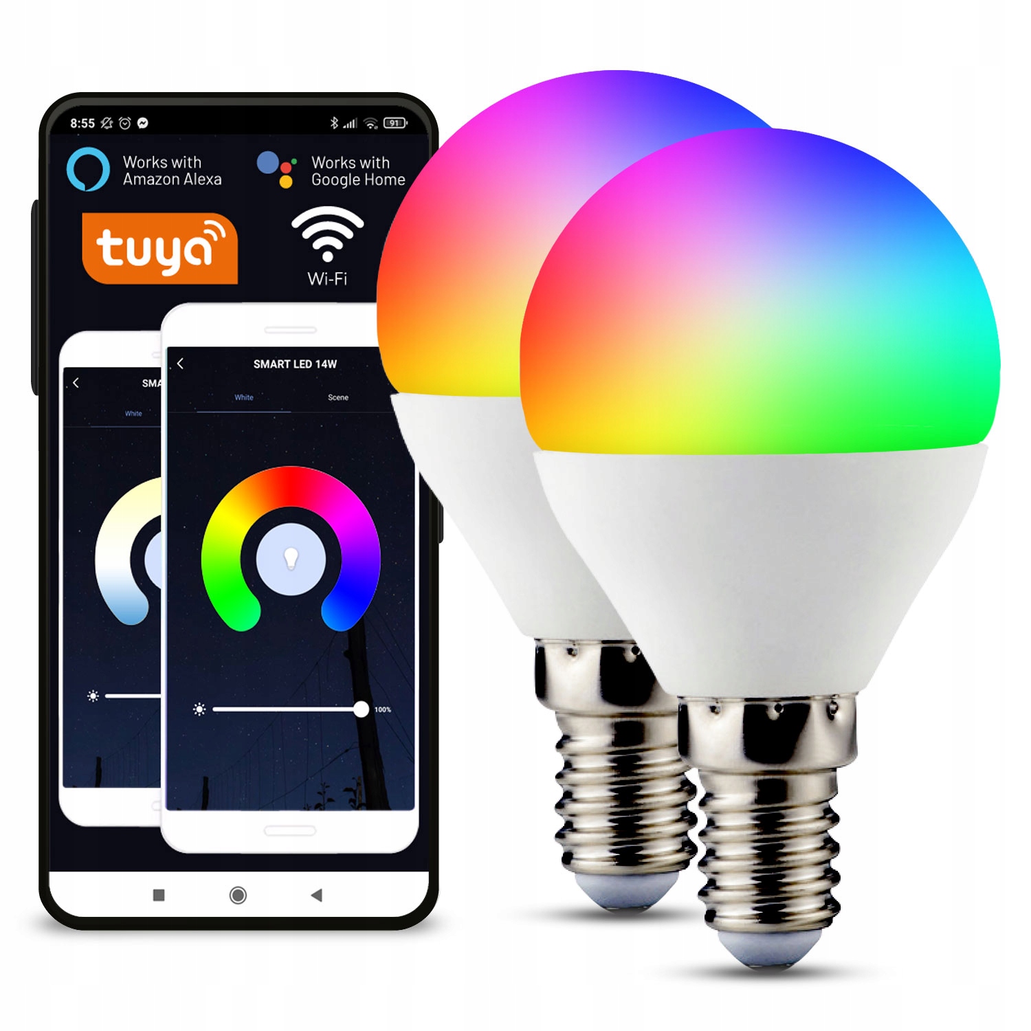2x Inteligentna żarówka LED RGB E14 5,5W WIFI TUYA