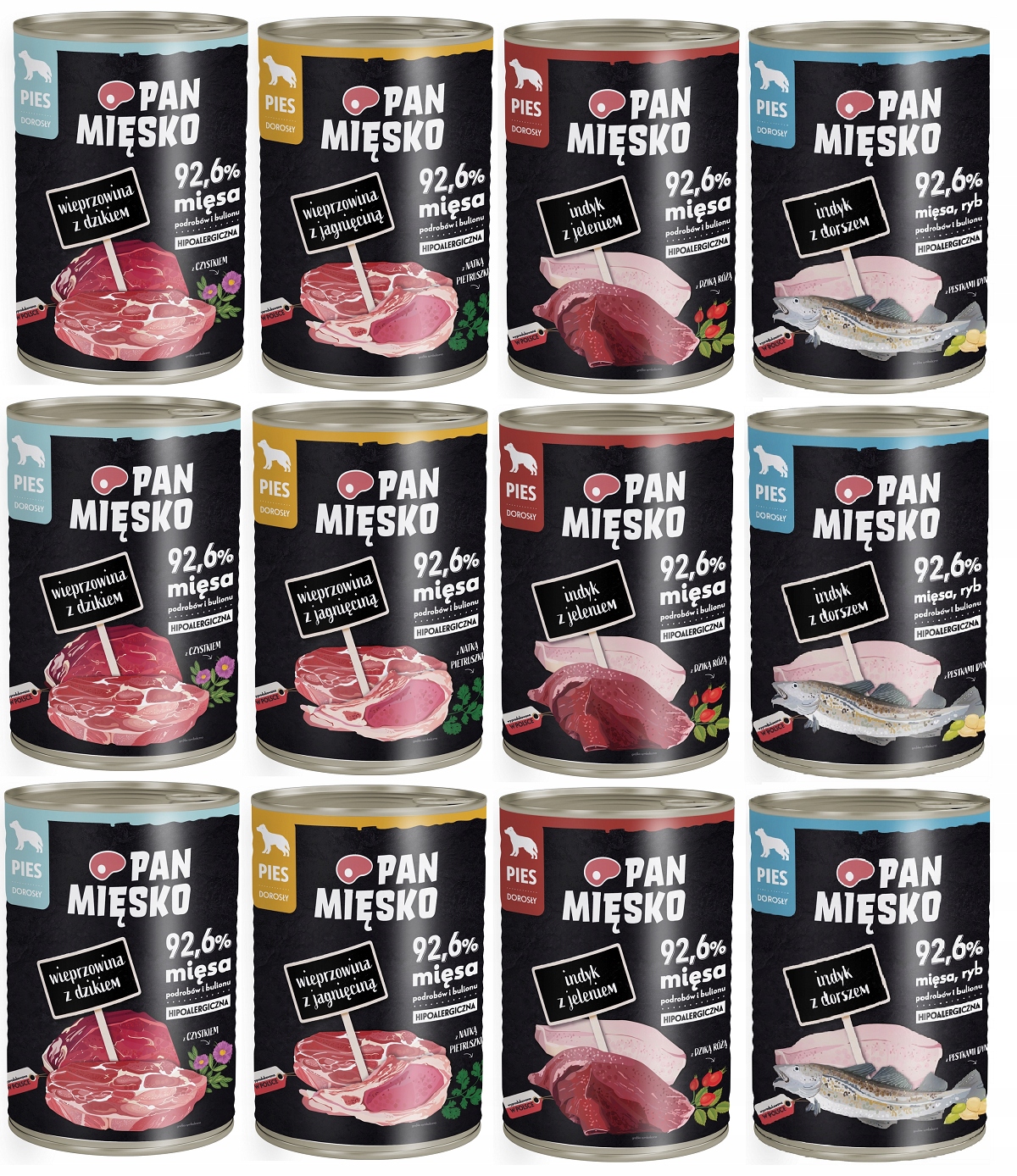 Karma dla psa Pan Mięsko 12 x 400g Mix Smaków york buldog maltańczyk