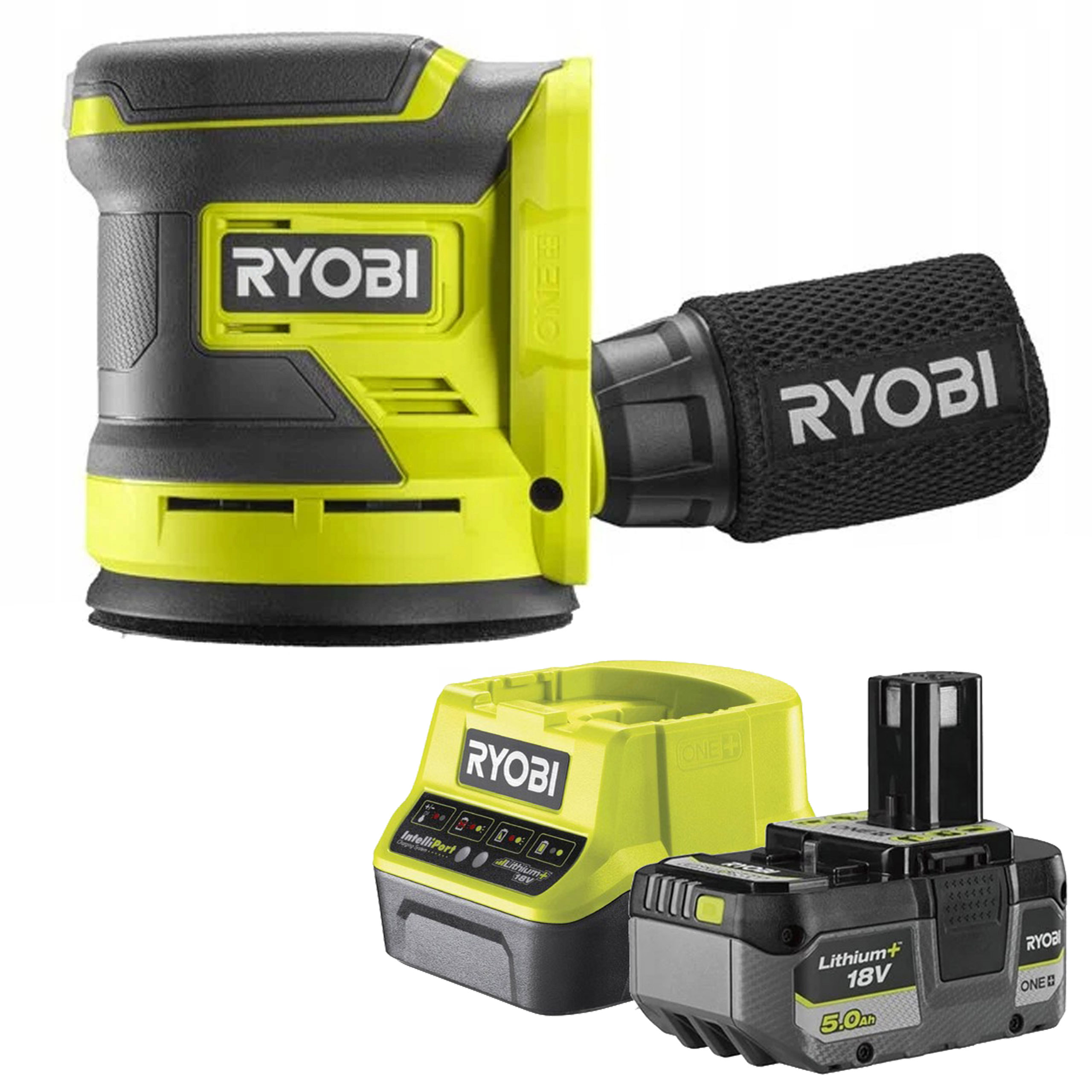Ryobi Akumulátorová Excentrická Bruska 18V 125 mm RROS18 Nabíječka Aku 5Ah