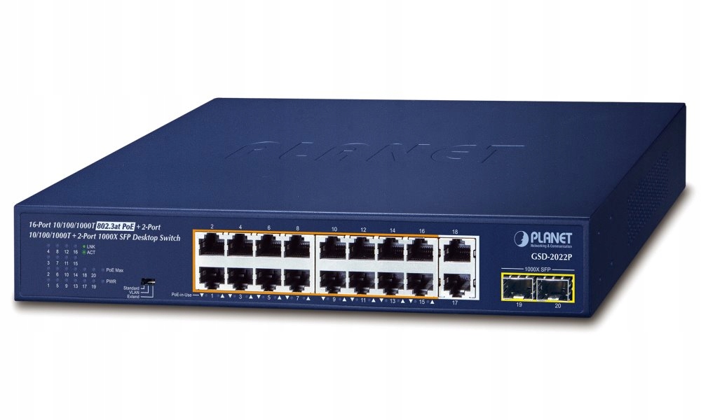 Planet PoE switch 18x1Gb 2xSFP 1Gb, 16x PoE 802.3at 30 185W, Vlan, exte