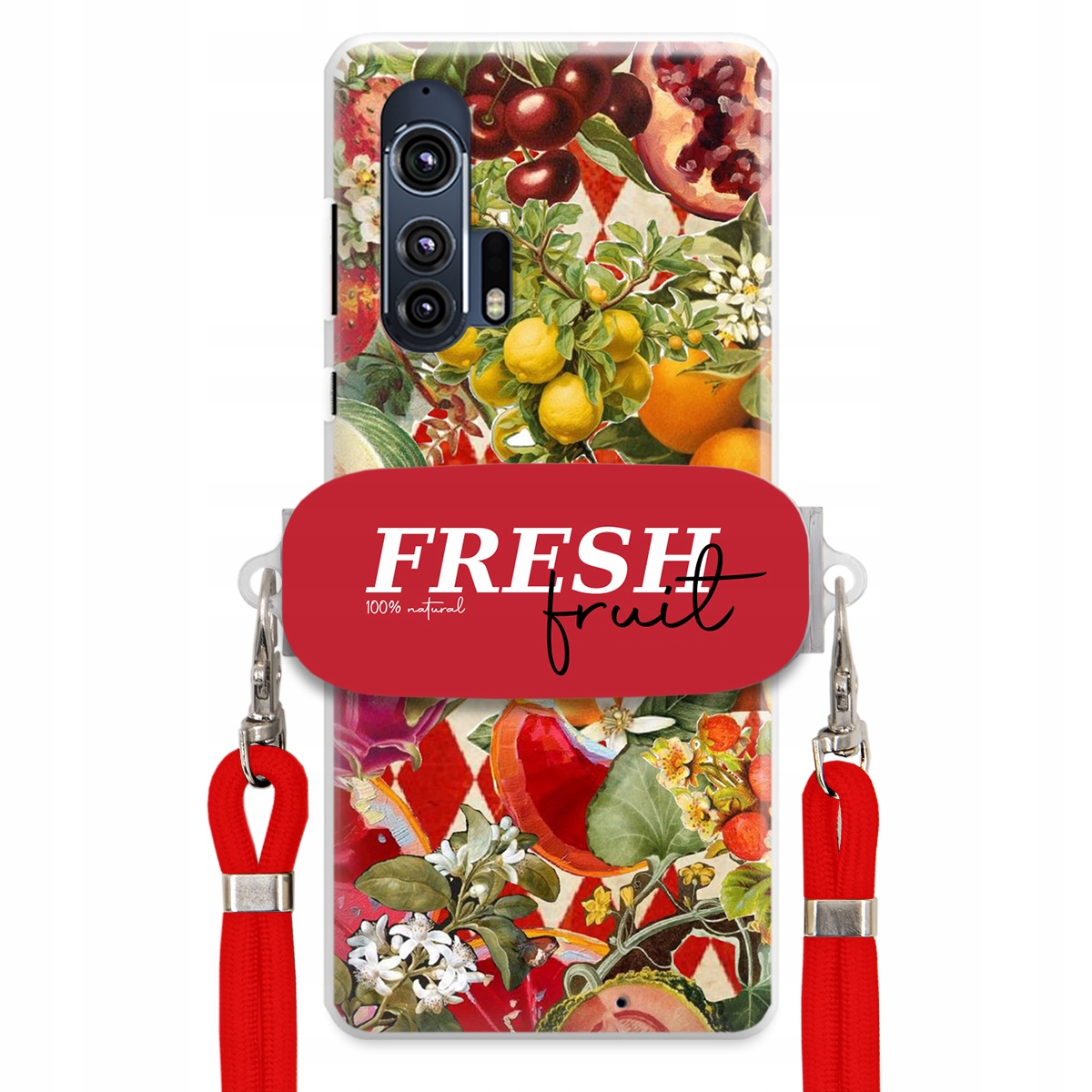 Puzdro pre Motorola Edge Plus Červené Crossbody vodítko držiak Fresh Fruit
