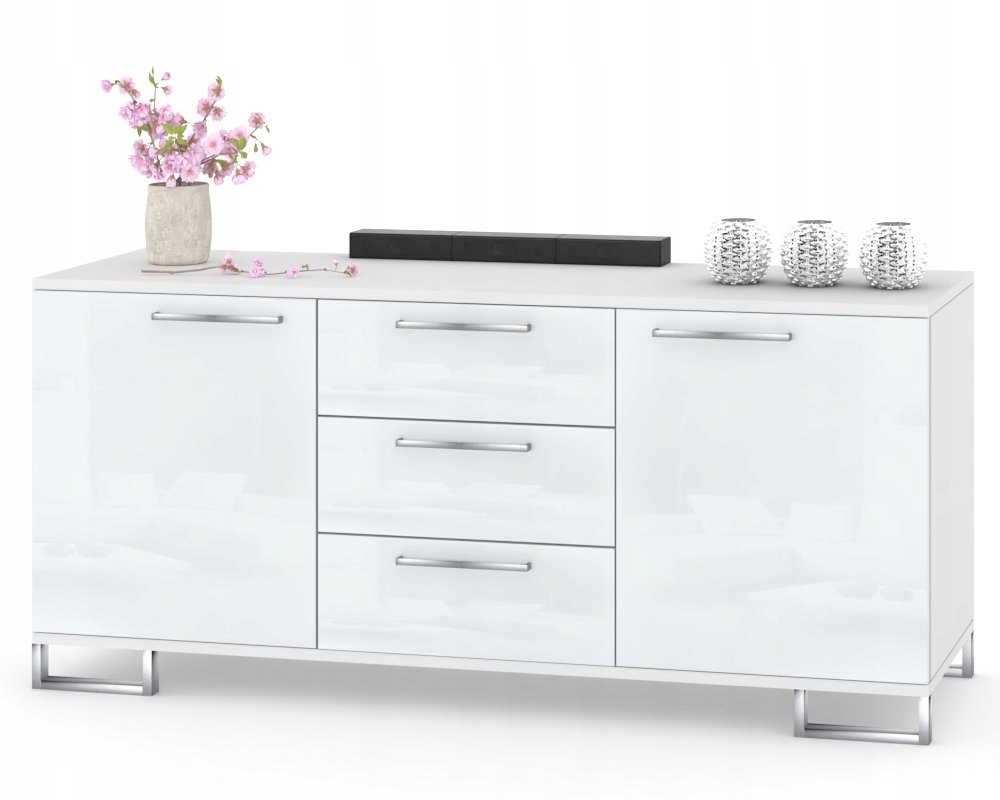 Velká komoda do obývacího pokoje Rtv skříňka se zásuvkami Bílý lesk 150
