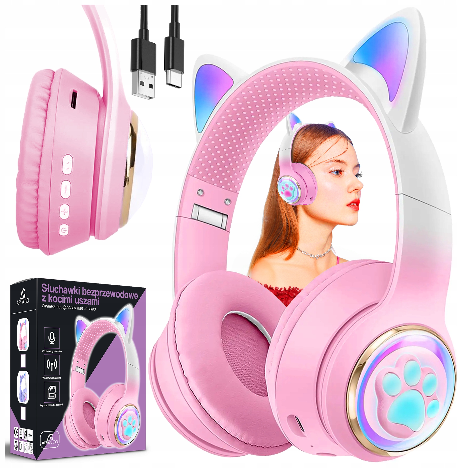 Słuchawki bezprzewodowe ARSA GO nauszne z mikrofonem RGB dla dzieci