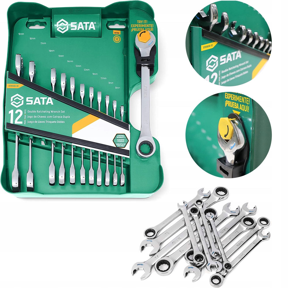 Sata Zestaw 12 sztuk kluczy płasko-oczkowych z podwójną grzechotką 09066