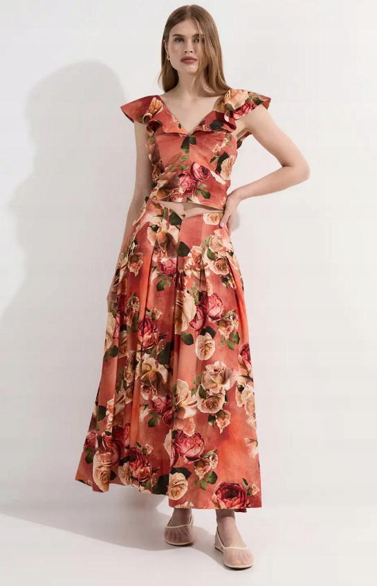 Oranžová Sukně Maxi S Květinovým Vzorem A Vysokým Pasem Karen Millen S