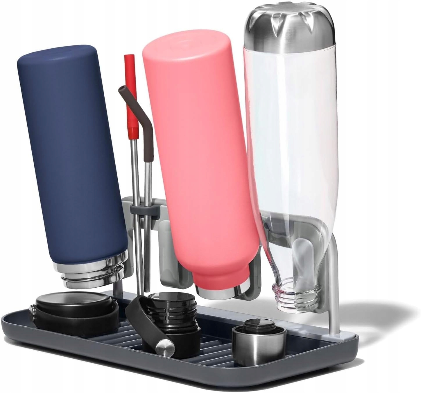 Levně Oxo Odkapávač na 4 lahve, kelímky, brčka, hliník, šedá barva